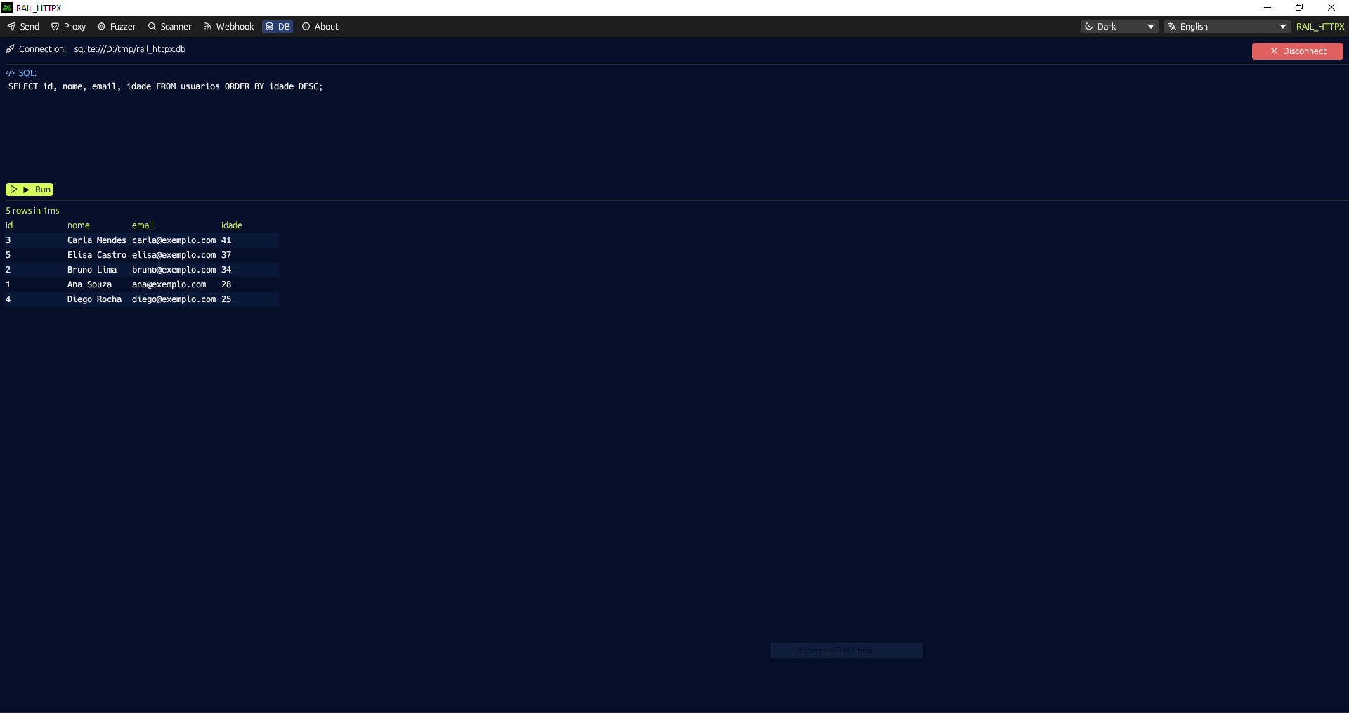 Aba DB rodando SELECT em SQLite com 5 resultados