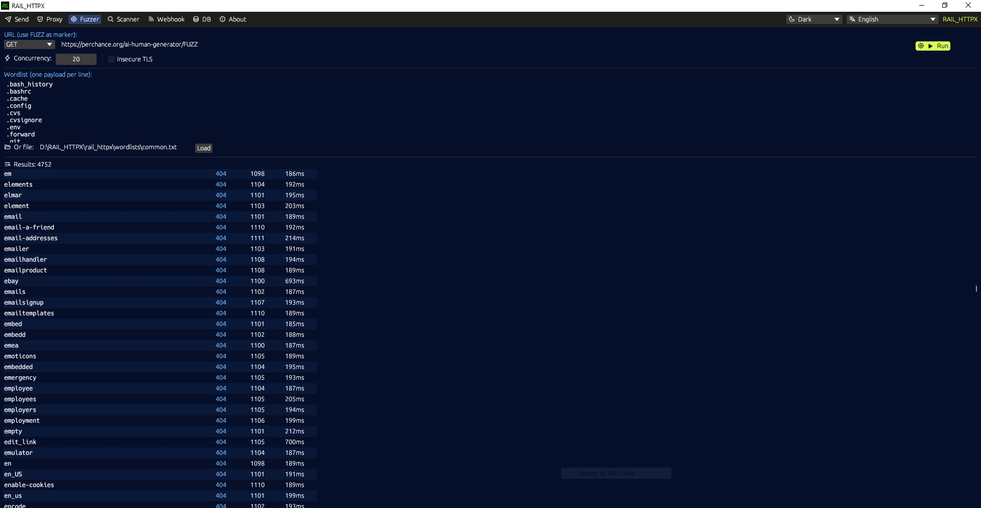Aba Fuzzer rodando wordlist com 4752 resultados