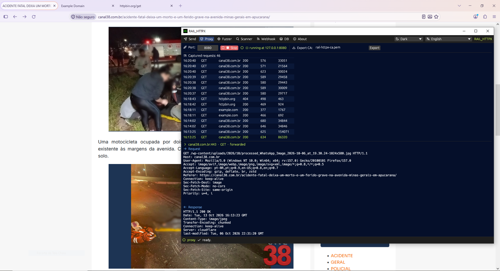 Aba Proxy interceptando 46 requisições HTTPS em tempo real